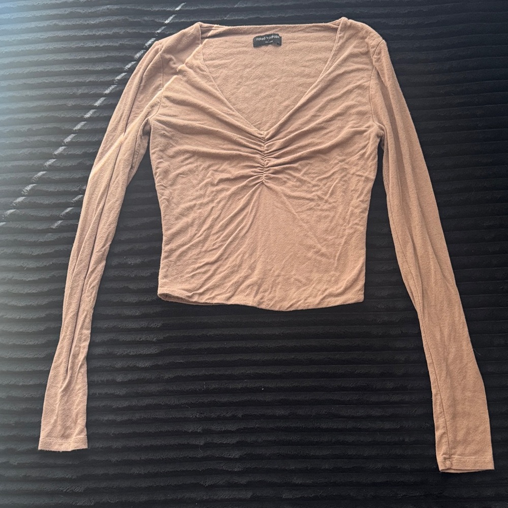 naked wardrobe Ruched V-Neck Long Sleeve Top - Tan
